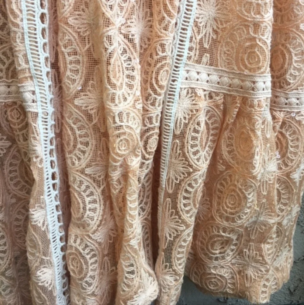 FREE PEOPLE FP Peach Shine Sheer On Maxi Dress Women's Large L Bohemian Lace EUC